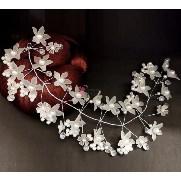 Accesoriu modern pentru decor par WED24CC Argintiu cu cristale si perle de 30cm